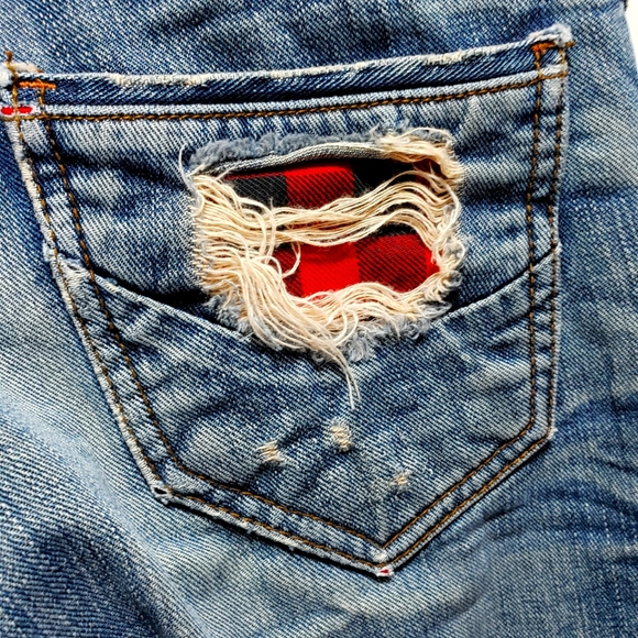 Thinuni Jeans  Denim Distressed Red Plaid Back  Pockets S-25 - Picture 4 of 11